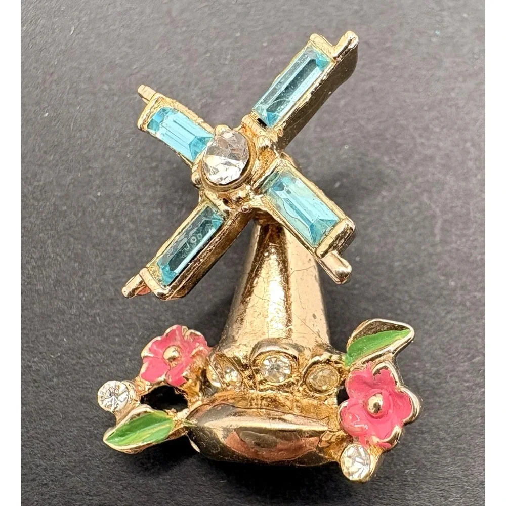 Vintage Windmill Articulated Spinning Brooch Rhinestone Enamel Gold Tone Dainty